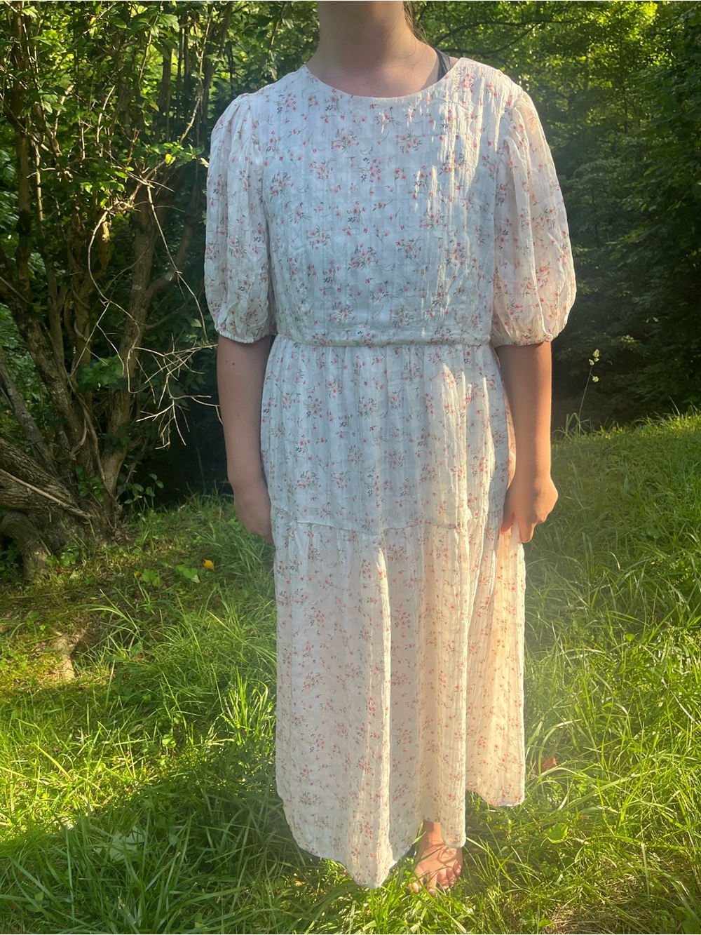 Floral Puff-Sleeve Midi Dress in Cream with Pink Blossoms